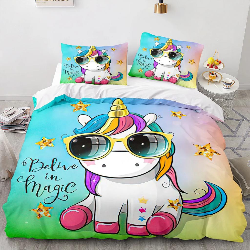 Rainbow Unicorn Duvet Cover Set Queen Size Glitter Rainbow Unicorn Bedding Set for Girls Teens Rainbow Unicorn Comforter Cover