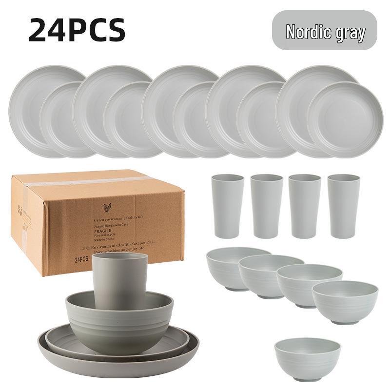 Cross-border Plastic Tableware Set: Plates, Bowls, Cups, Vomit Bowls, 24-Piece for Home Use.