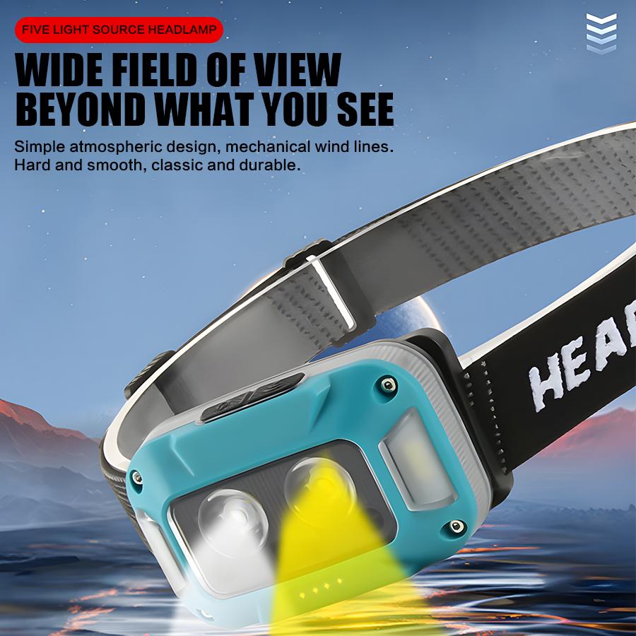 Mini Portable 3-source Sensing LED Headlight with Strong Light Ultra Bright Outdoor Waterproof Fishing Head Mounted Flashlight