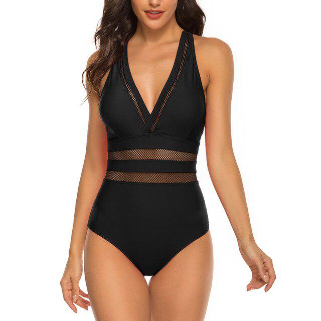 Sexy Swimwear Women One Piece Swimsuits Solid Mesh Bathing Suits Cross Back Beach Wear