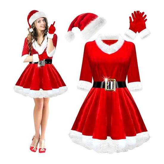4 Pcs Mrs. Claus Costume Set for Women Adult Velvet Santa Claus Dress with Belt Santa Hat Gloves Set for Christmas Party