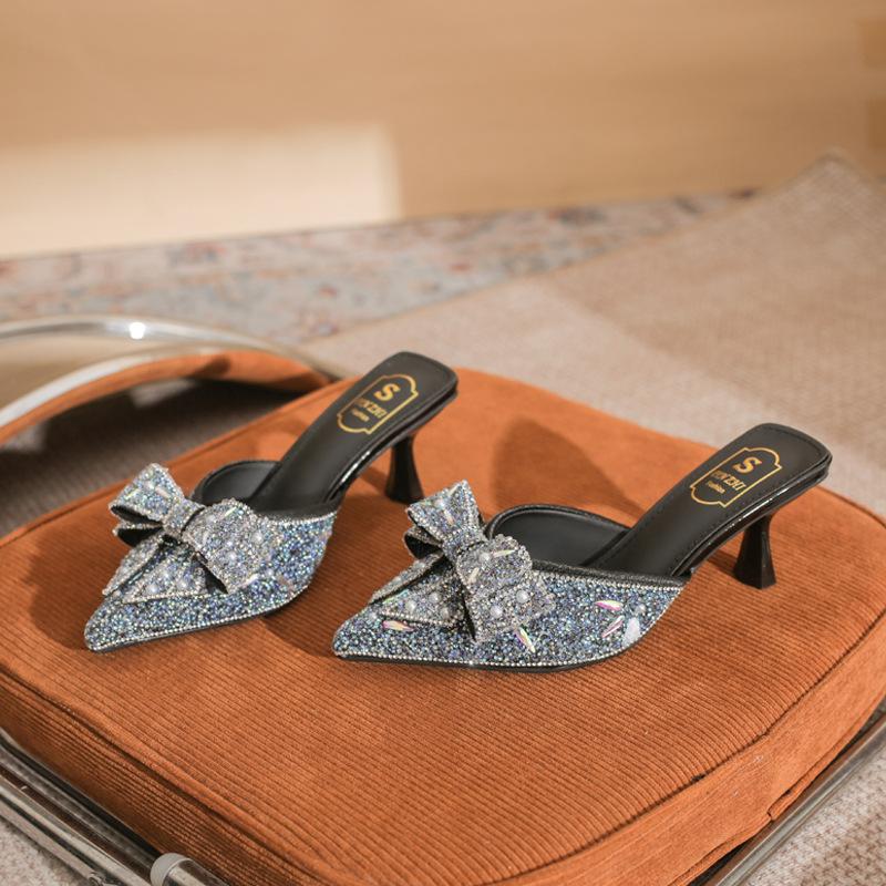 6658-22 Pointed Thin Heels High Heels 2025 New Summer Fashion Versatile Rhinestone Rear Empty Sandals