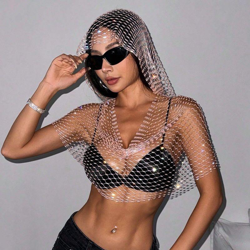 Cross-Border New European and American Women's Clothing: Mesh Rhinestone Fishnet Top, Sweet and Spicy Style, Sparkling Rhinestone Hooded Vest