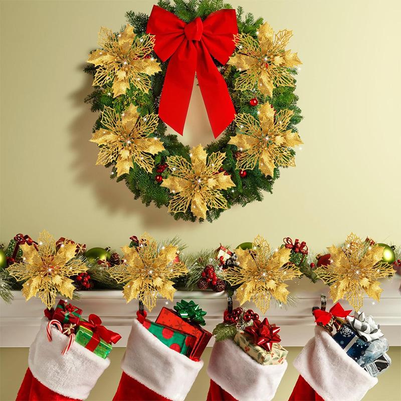 11CM 5Pcs Glitter Artifical Christmas Flowers With Clips Christmas Tree Wreath Decoration Xmas Ornaments Home New Year 2026