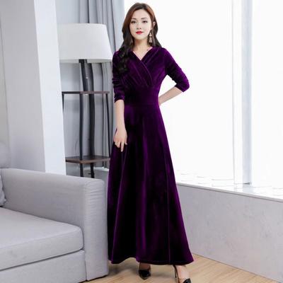 Velvet Maxi Dress for Women V Neck Party Ankle-length Long Dress A-Line Solid Color Evening Gown for Wedding Cocktail Party