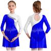 Kids Girls Dance Dress Figure Skating Performance Competition Costume Rhinestones Long Sleeve Dresses