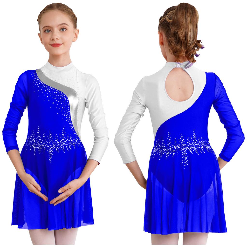 Kids Girls Dance Dress Figure Skating Performance Competition Costume Rhinestones Long Sleeve Dresses