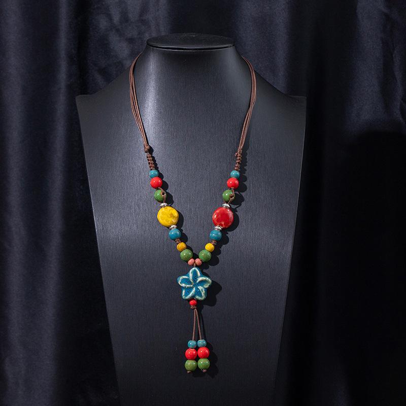 Jingdezhen Ceramic Non-Fading Necklace Ethnic Style Sweater Chain Antique Woven Rope Long Neck Chain