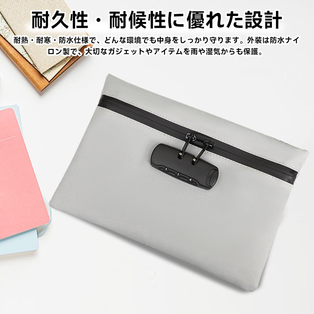 Fireproof and waterproof lockable pouch with lock and ideal for storing and other x wallet, passports, bankbooks, valuables. (Gray, 24.5 16.5 cm)