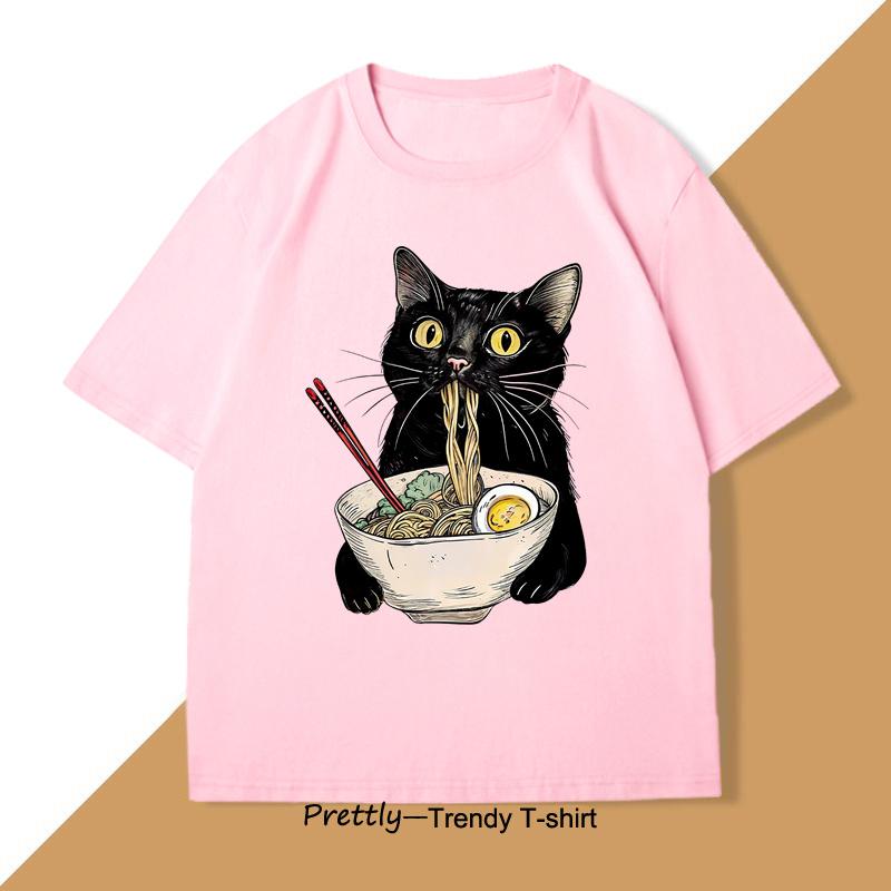 Nudel Katze T-Shirt Ramen Katze T-Shirt Foodie Liebhaber Grafik T-Shirts Retro Druck Herren Damen T-Shirt Baumwoll-T-Shirts Lockere Kleidung