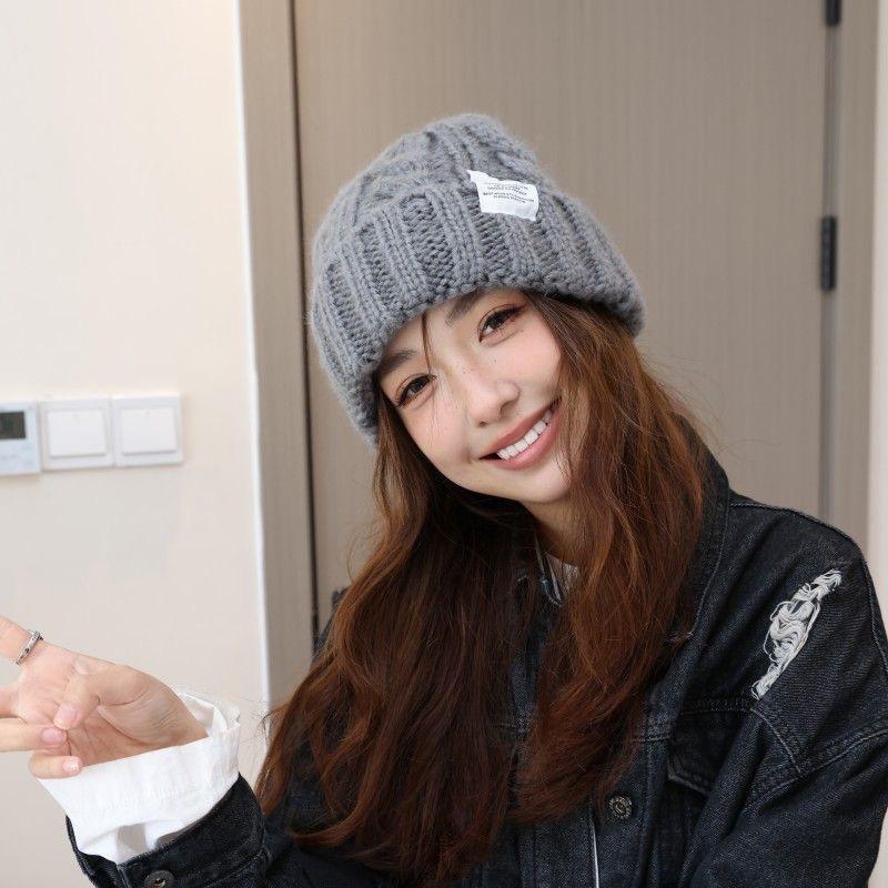 Hat Women's Coarse Knitted Wool Hat Autumn and Winter Versatile Big Head Circumference Green Loose Tide Shows Small Face