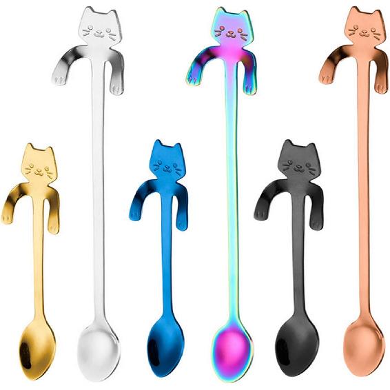 Cat Spoon Coffee Teaspoon, PBIEHSR Stainless Steel Hanging Cup Tea Spoon Two Different Lengths Dessert Scoop for Stirring Drink Mixing Milkshake Jam,