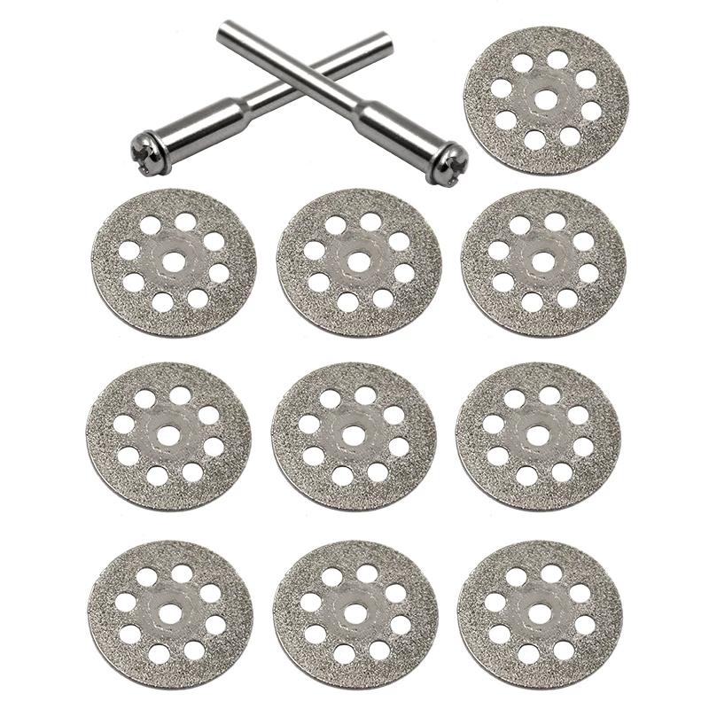 10Pcs 22mm Mini Sharp Diamond Cut Off Rotary Tool Cutting Disc Disks DIY Tools Accessories For Dremel with 2Pcs Rod