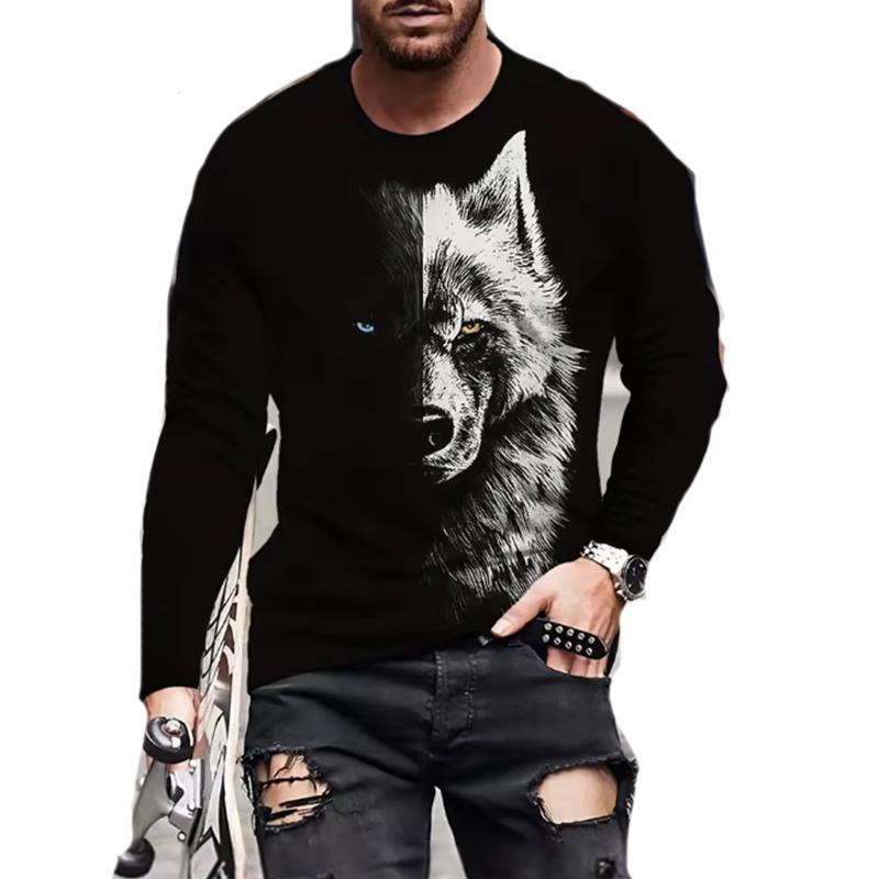 Men's Comfortable Colorful Wolf Pattern Long Sleeve T-Shirt Summer Design Polyester Round Neck Suitable for Outdoors