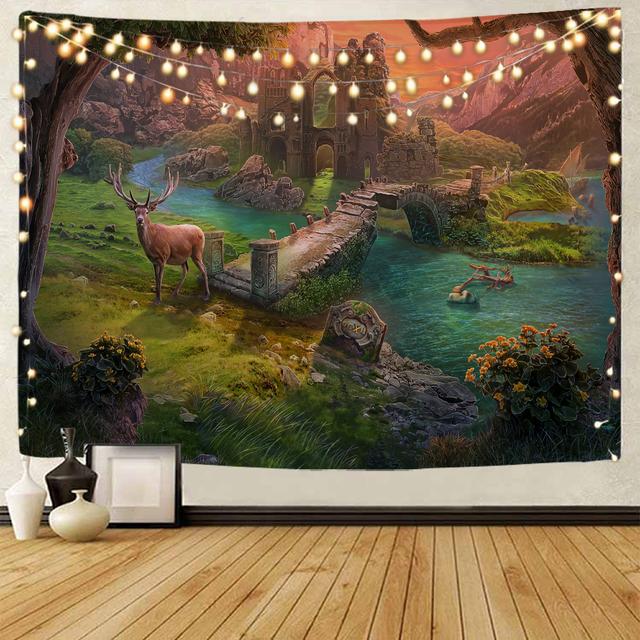 Dream Elk Scenery Decorative Tapestry Wood Elk Scenery Decorative Tapestry Bohemian Home Decorative Tapestry
