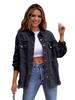 Damen Jeansjacke in Unifarbe, mittellang, mit langen Ärmeln und Rissen - Europäischer und Amerikanischer Stil