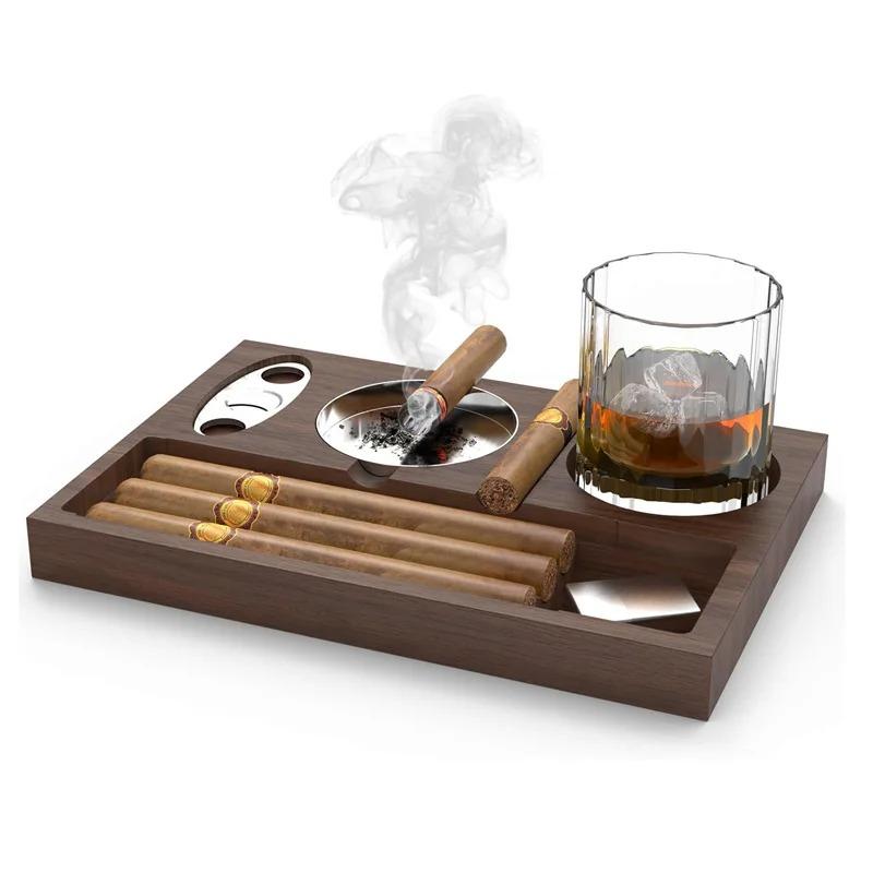 Luxury Wooden Cigar Ashtray Set with Cutter and Whiskey Glass Holder, Portable Walnut Cigar Tray for Men, Father's Day Gift