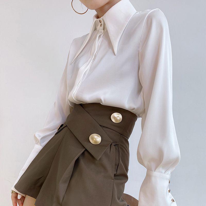 Elegante Langarm-Satinbluse im französischen Design - Schickes Damen-Frühlings-/Herbstoberteil