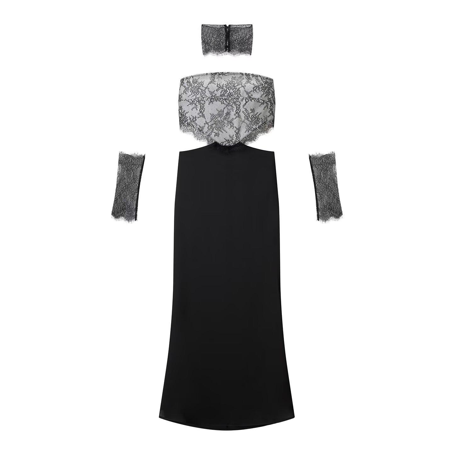 European & American Women s Fashion: Slim Fit Backless Lace Patchwork Bandeau Dress Medium чёрный