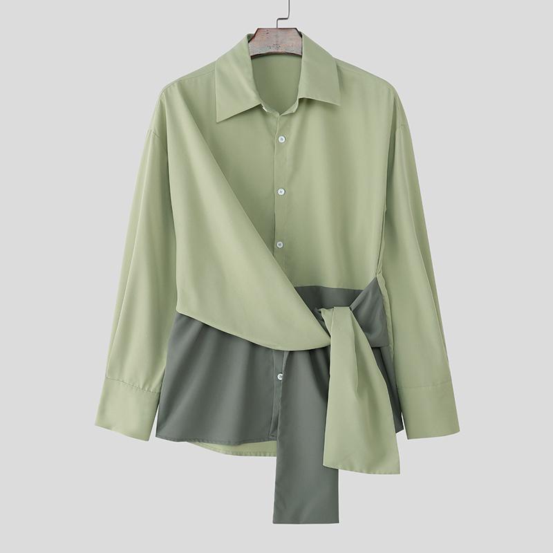 

INCERUN Мужские повседневные рубашки с длинным рукавом, пэчворк, с неровным передним перекрестным шнурованием 4XL зелёный