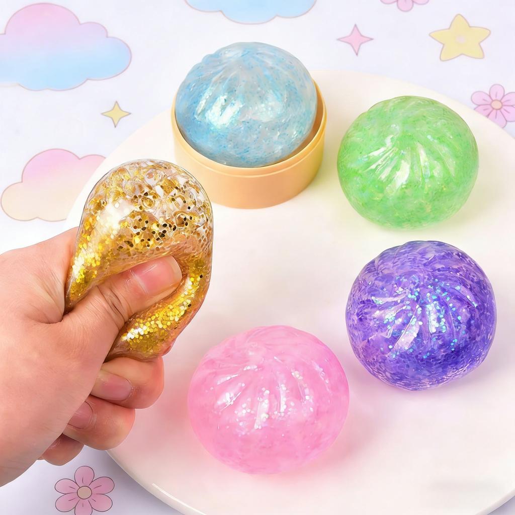 Steamer Bun Sensory Stress Ball Squeeze Toy Glitter Colored Squishy Dumpling Decompression Ball Fidget Toy for Anxiety Relief