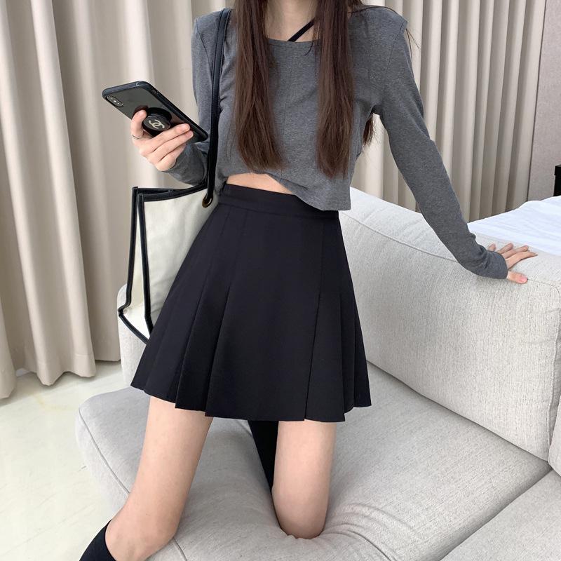 

2024 Summer Black High-Waisted Pleated A-Line Mini Skirt - Preppy, Slimming Style 4XL