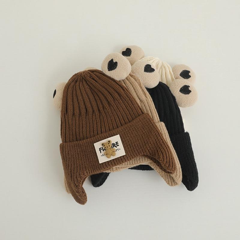 Autumn Warm Baby Knit Hat Cartoon Bear Ear Protections Benaie Cap Soft Knitted Hat Gift for Toddlers Boys and Girls