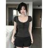 Summer new sweet wind lace lace lace-up bubble sleeve T-shirt women's design sense slim and thin versatile top