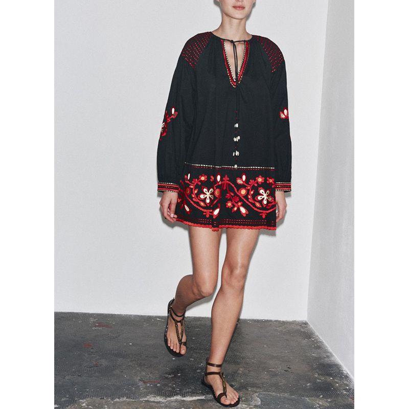 Summer New Product Women's Clothes Chest Lace-up Loose Ethnic Style Retro Embroidered V-neck Short Dress 2903042