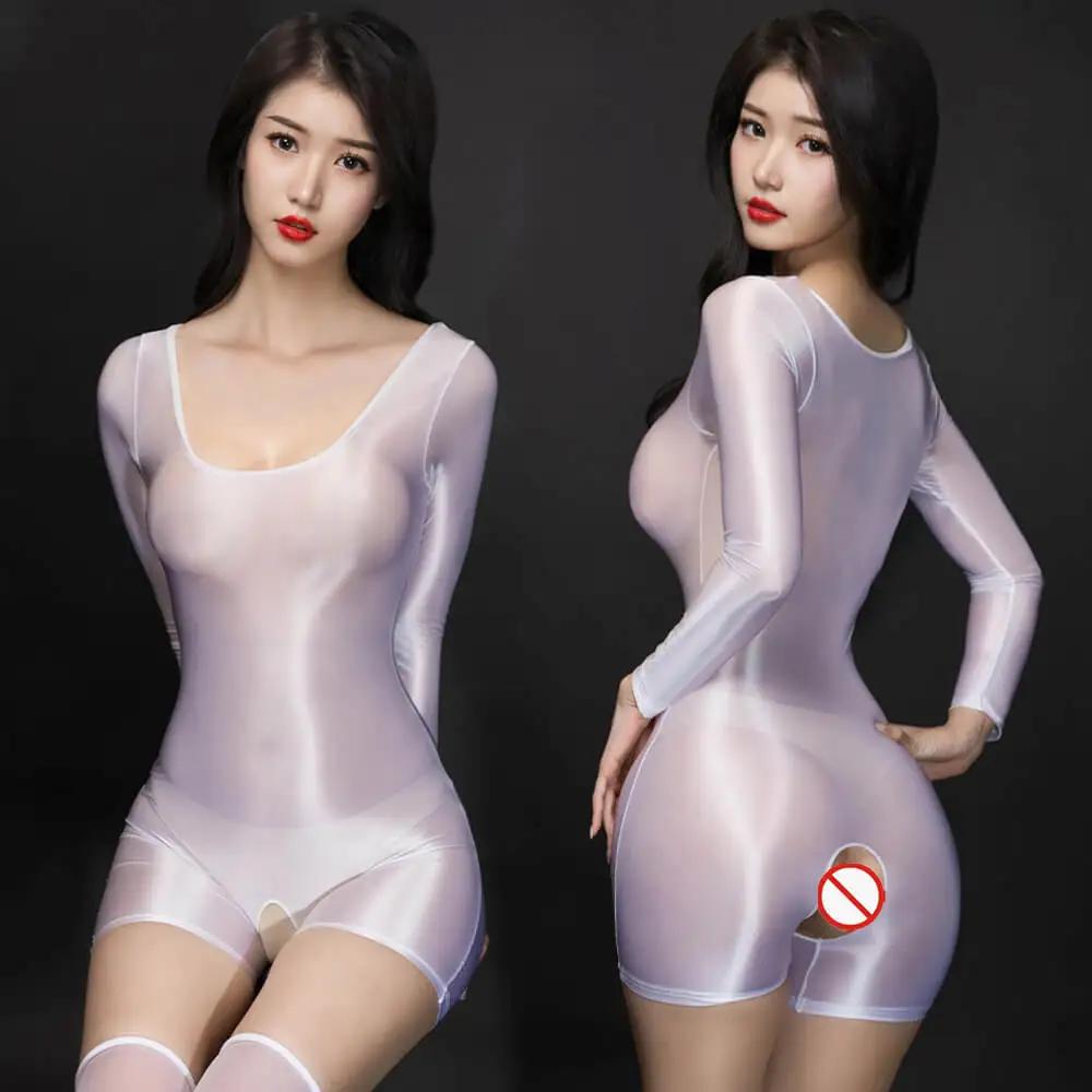 Sexy Women Smooth Glossy Shiny Bodysuit Spoon Neck Tshirt Jumpsuit Boxer Shorts Catsuit See-Through Crotchless Leotards Cos Ootd