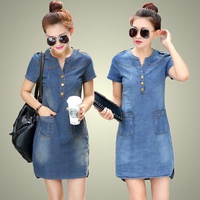 Women's Round Neck Short Sleeve Denim Shift Dress Loose Fit Mid Waist Casual Denim Dress
