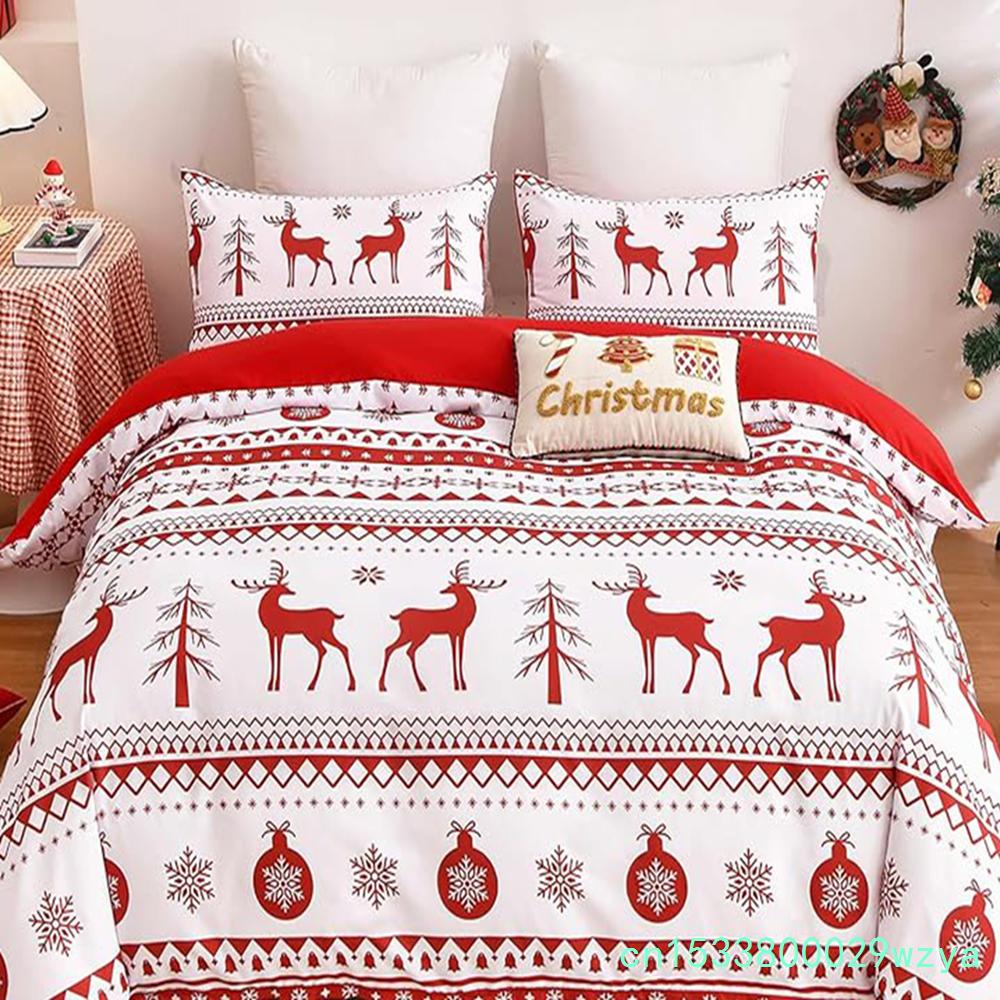 Christmas 3-piece Set With Red Reindeer Snowflake Pattern decoration, Soft ultra-fine Fiber Bedding Set