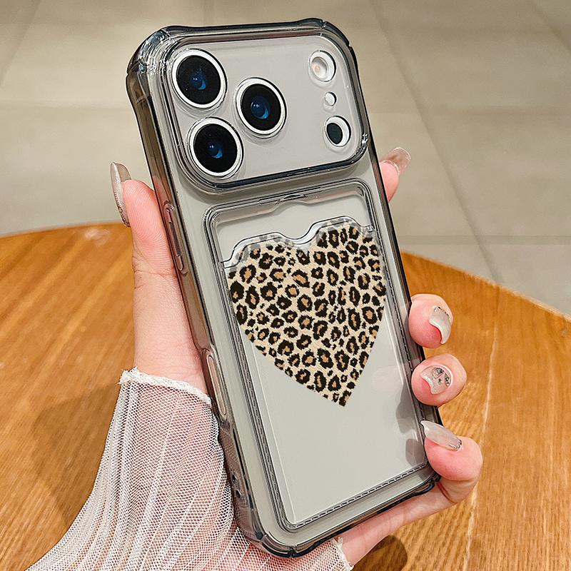 Card Slot Pocket TPU Case For iPhone 17 Pro Air 16e 16 15 14 13 Pro Max 12 11 Leopard Print Love Heart Pattern Soft Phone Cover