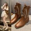 New Winter Women's Shoes Vintage Retro Embroidery Brown Beige Thick Heels Leather Boots Knight Boot Western Cowboy Boots