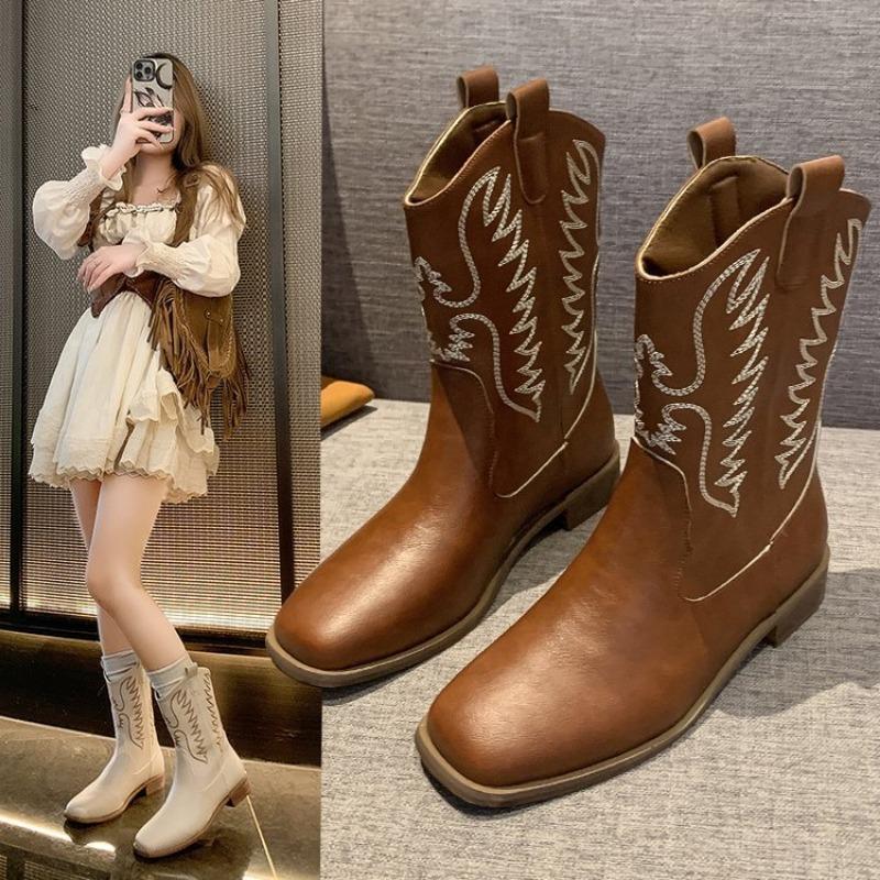 New Winter Women's Shoes Vintage Retro Embroidery Brown Beige Thick Heels Leather Boots Knight Boot Western Cowboy Boots