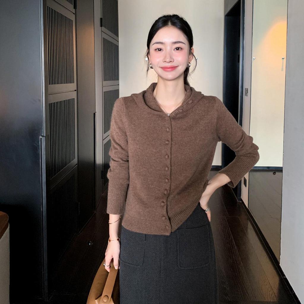 2025 Women's Thick Cashmere Hooded Knit Cardigan - Button-Up Loose Casual Sweater Top