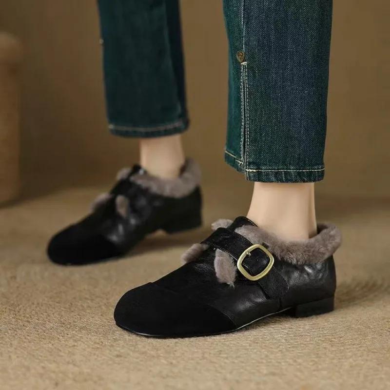 Women's Fashion Flat Cotton Boots Winter New Round Head Splicing Metal Buckle Soft Sole Non-slip Low-top Shoes