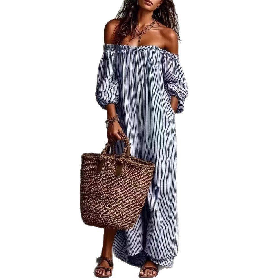 2026 European and American Independent Station Spring and Summer Women's Striped Shoulder Long Dress
