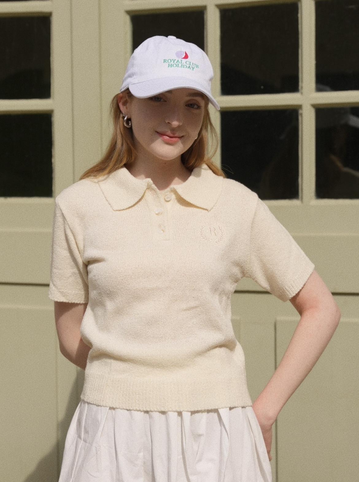 Royal Club Holiday Royal Boucle Collar Short Sleeve Crop Knit Cream Ivory Free