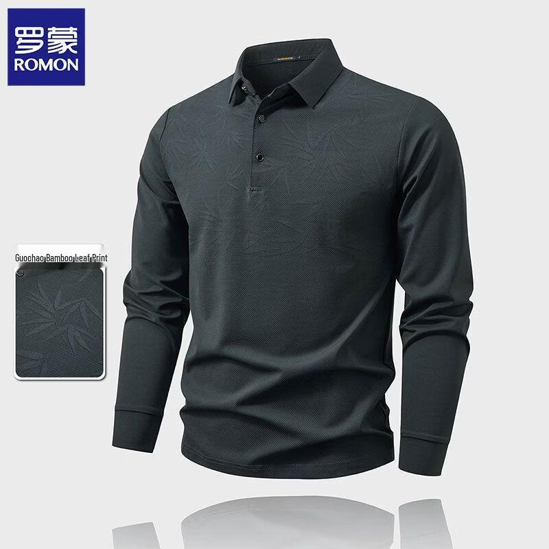 ROMON Men s New Chinese Style Bamboo Print Long Sleeve Polo Shirt 4XL