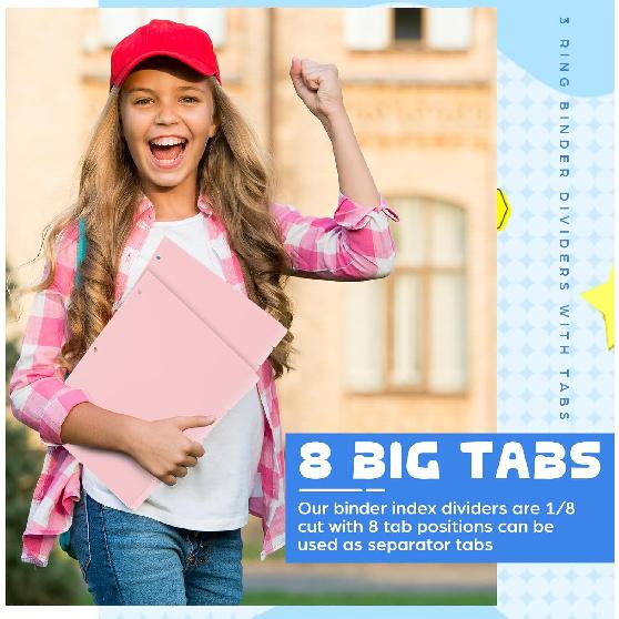 8 Tab Pink Binder Dividers for 3 Ring Binders 8.5 x 11 Inch Binder Dividers with 3 Hole Punched Page Dividers Sturdy Binder Index Dividers for School