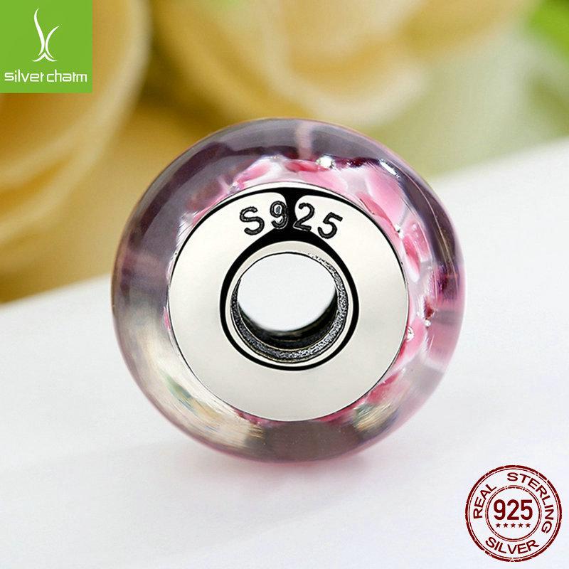 Korean Hot-Selling 925 Sterling Silver Pink Flower Glass Bracelet Beads SCZ008