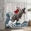 Funny Shower Curtain Brave Cat Cartoon Shower Curtain Waves Ocean Decor Fabric Shower Curtain Set with Hooks Bathroom Decoration