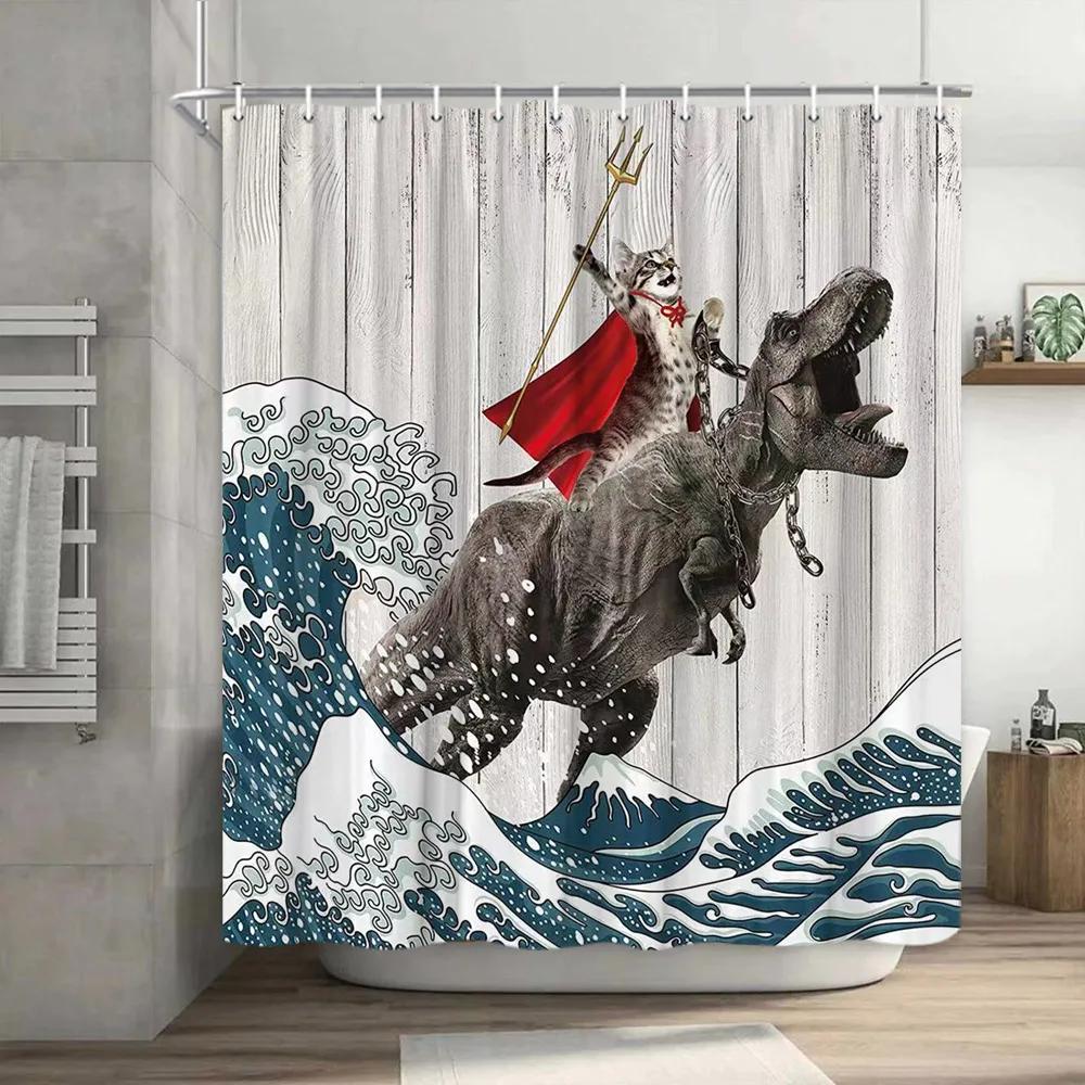Funny Shower Curtain Brave Cat Cartoon Shower Curtain Waves Ocean Decor Fabric Shower Curtain Set with Hooks Bathroom Decoration