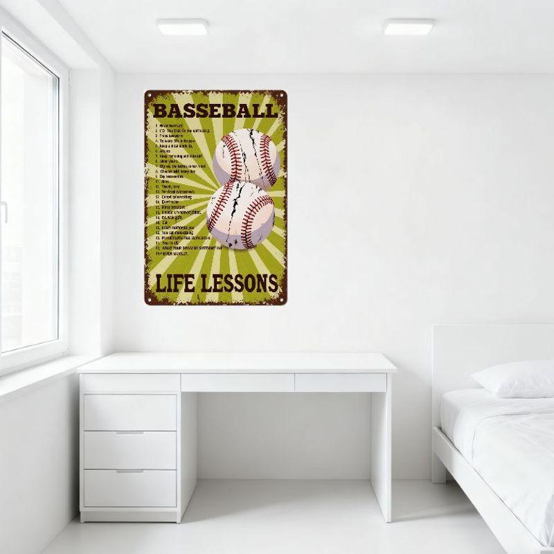Vintage Baseball Life Lessons Metal Tin Sign - Distressed Sunburst Home Decor with Baseballs for Man Cave Bar Club Cafe