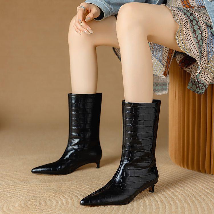 Fashion NEW Autumn/Winter Women Boots Pointed Toe Kitten Heel Shoes Split Leather Shoes for Women Slip-on Short Boots Black Modern Boots