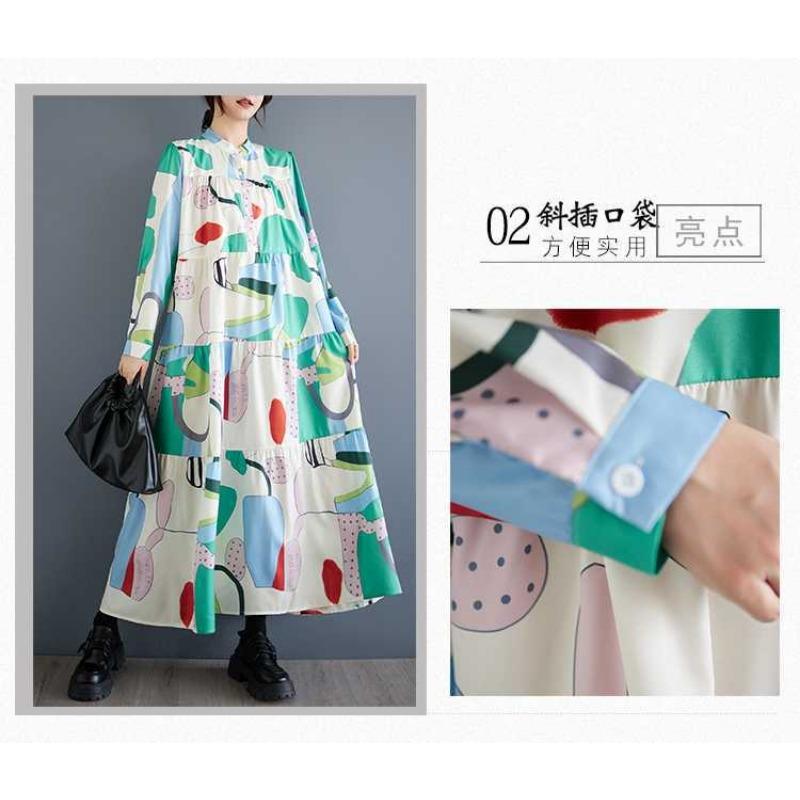 Loose and Thin Fashion Long-sleeved Printed Mid-length Dresses