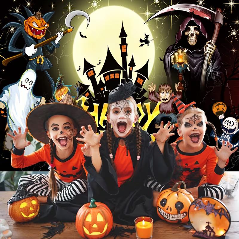 2D Happy Halloween Backdrop with Grim Reaper and Pumpkins Photography Banner
