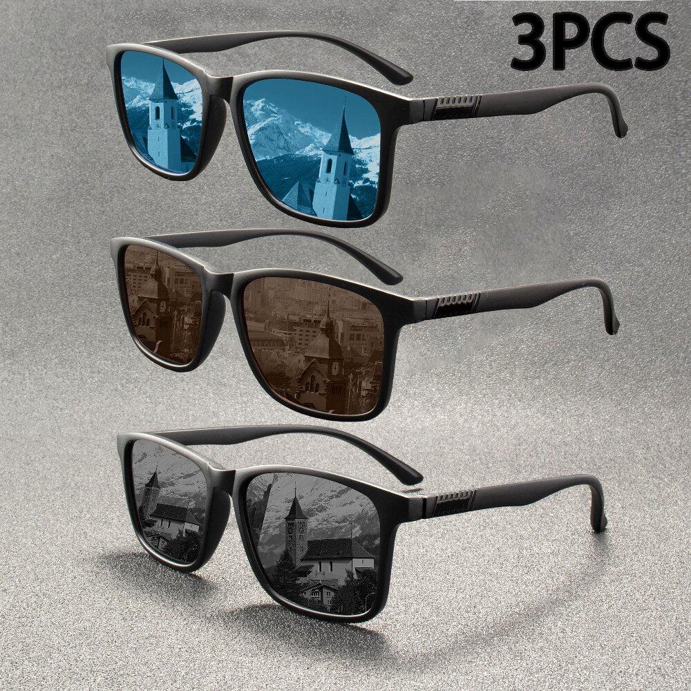 3PCS Vintage Retro TR90 Sunglasses Men Polarized Square Brand Designer Sun Glasses For Men Driver Sunglass