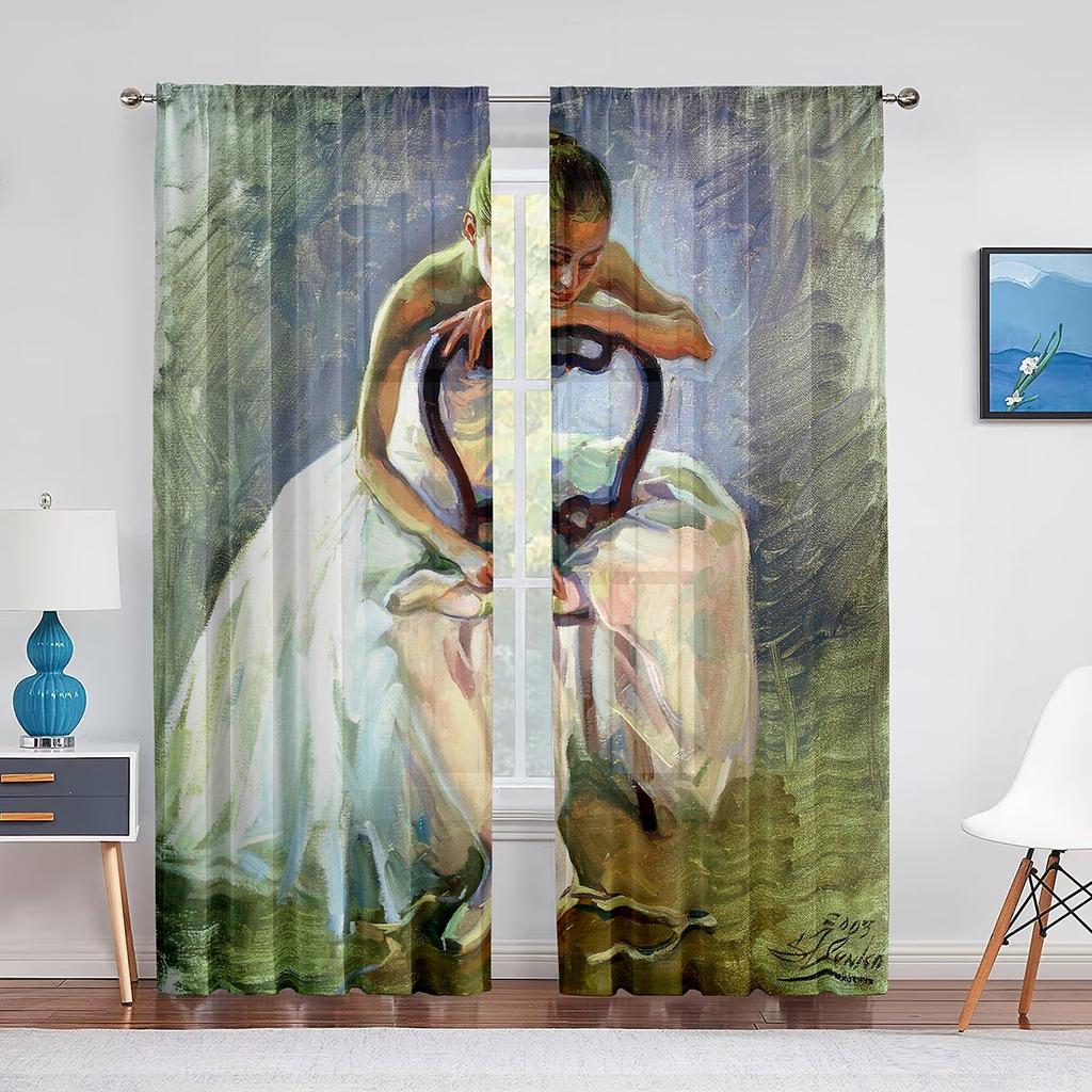 Retro Ballerina Dancing Classic Performance Tulle Curtain for Living Room Decoration Chiffon Sheer Voile Kitchen Bedroom Curtain